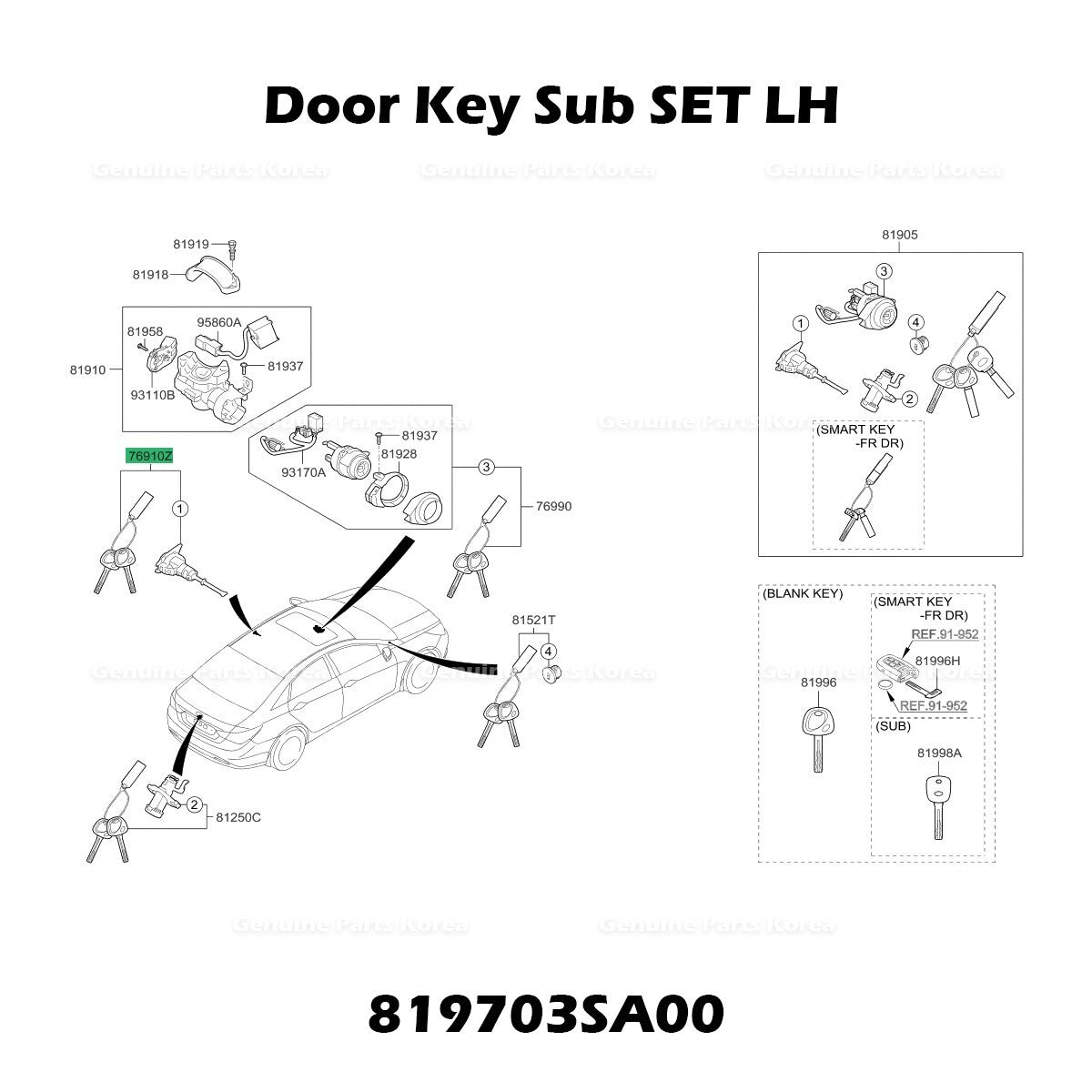 Genuine Door Key Sub SET LH 819703SA00 for Hyundai Sonata