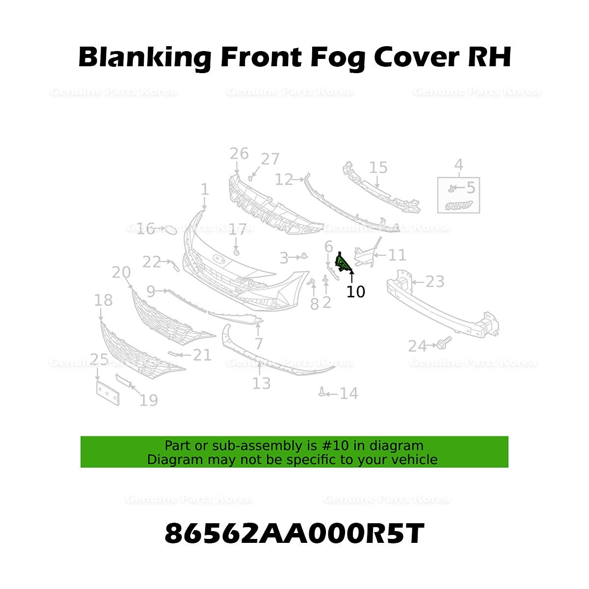 Genuine Blanking Front Fog Cover RH 86562AA000R5T for Hyundai Elantra