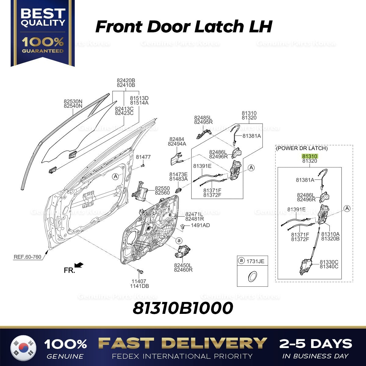 Genuine Front Door Latch LH 81310B1000 for Hyundai Genesis G80