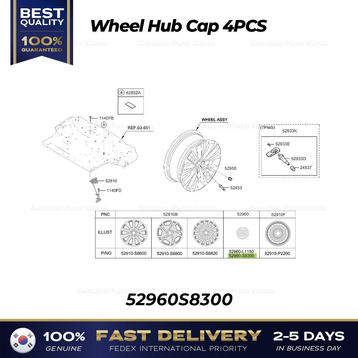 Genuine Wheel Hub Cap 4PCS 52960S8300 for Hyundai Palisade