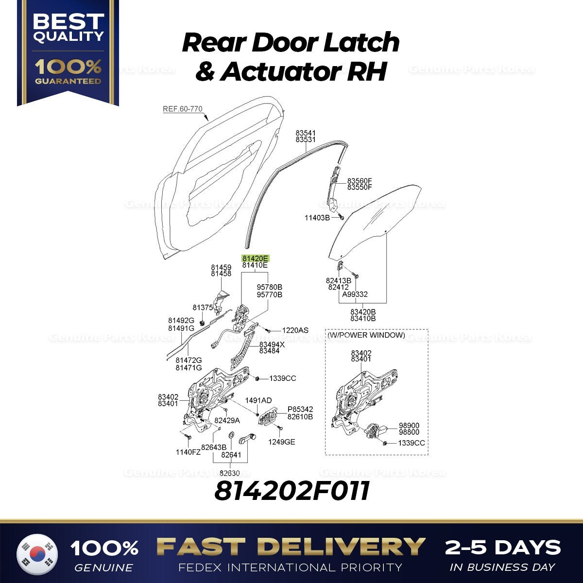 Genuine Rear Door Latch & Actuator RH 814202F011 for Kia Spectra