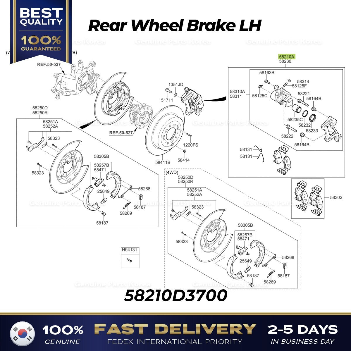 Genuine Rear Wheel Brake LH 58210D3700 for Kia Sportage