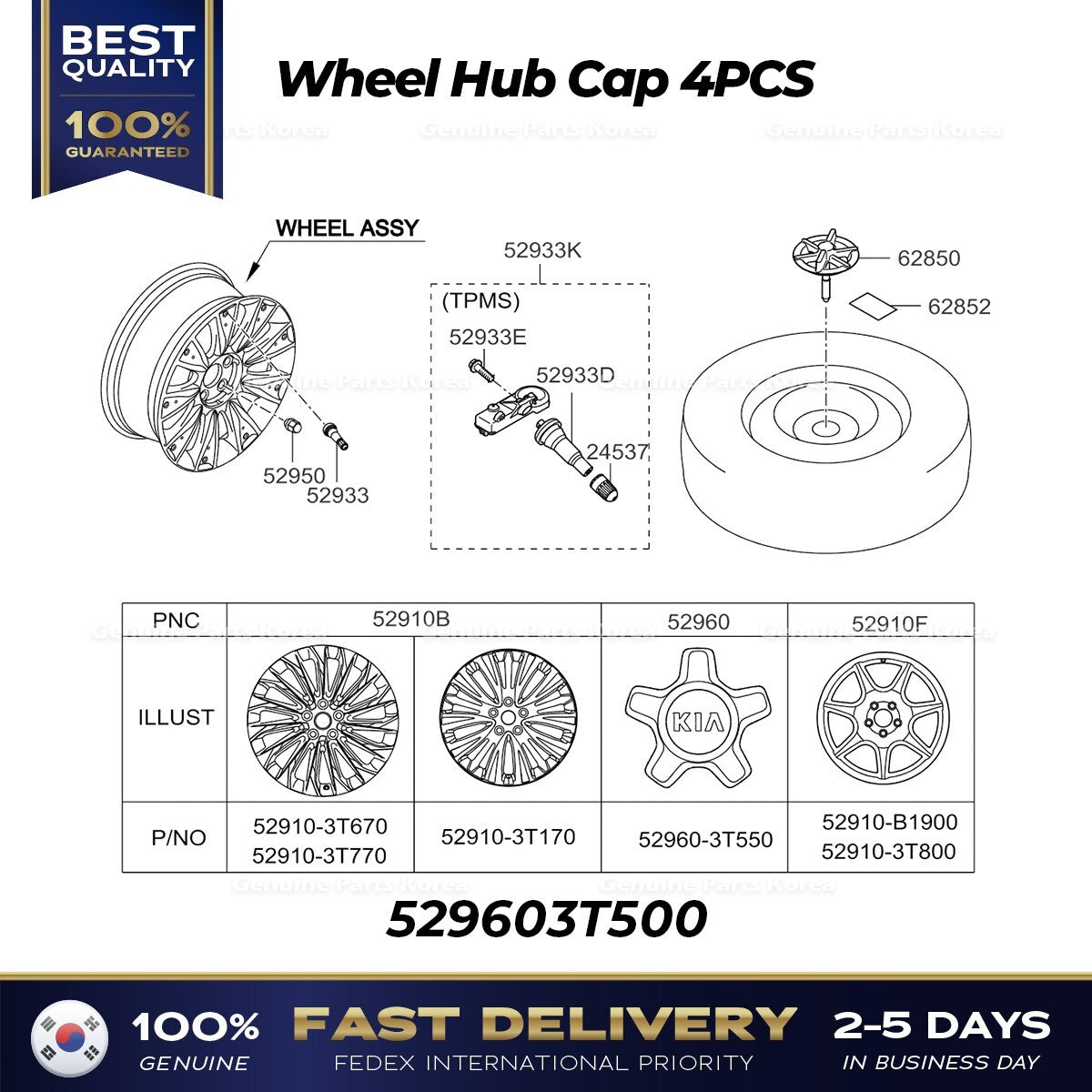 Genuine Wheel Hub Cap 4PCS 529603T500 for Kia K900