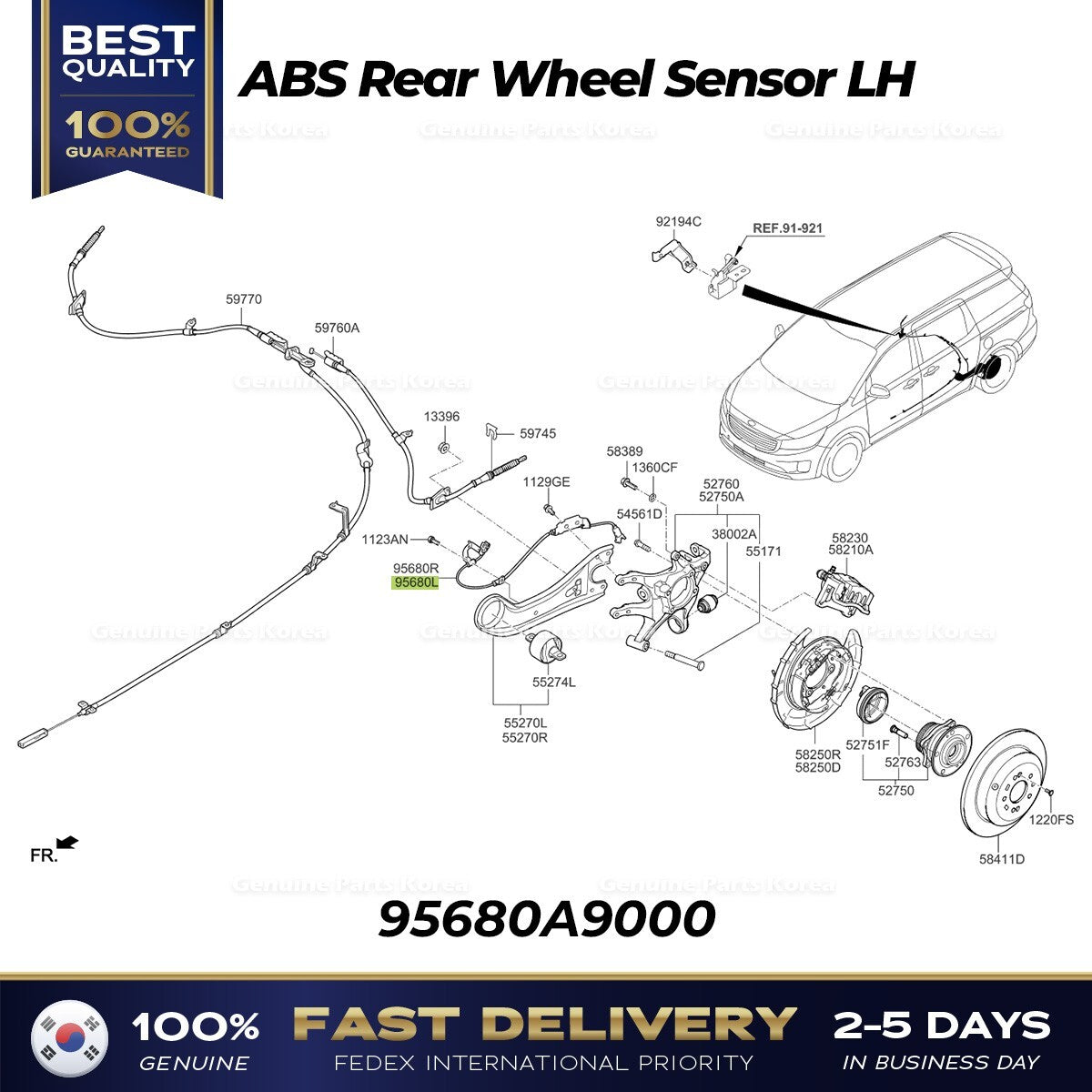 Genuine ABS Rear Wheel Sensor LH 95680A9000 for Kia Sedona
