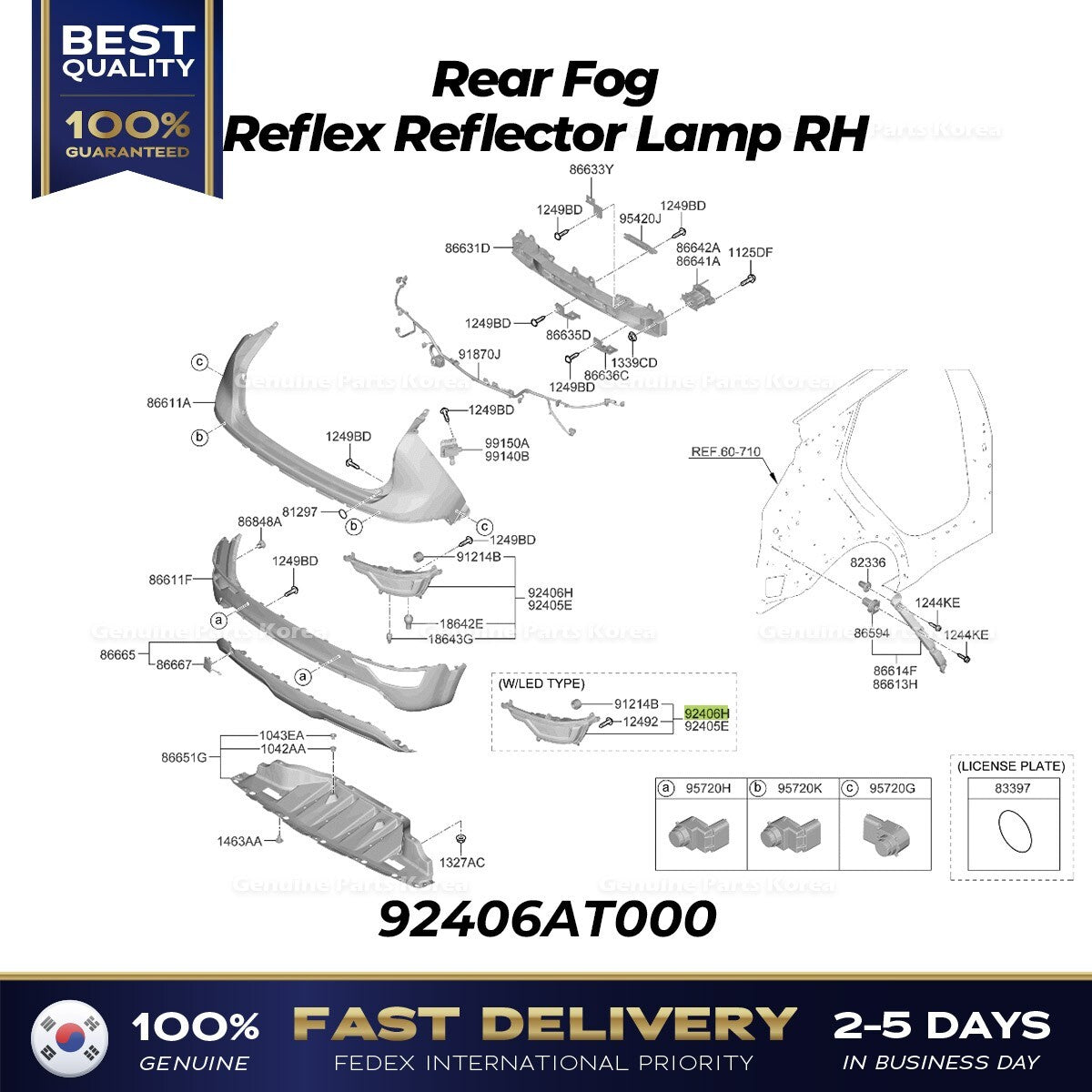 Genuine Rear Fog Reflex Reflector Lamp RH 92406AT000 for Kia Niro