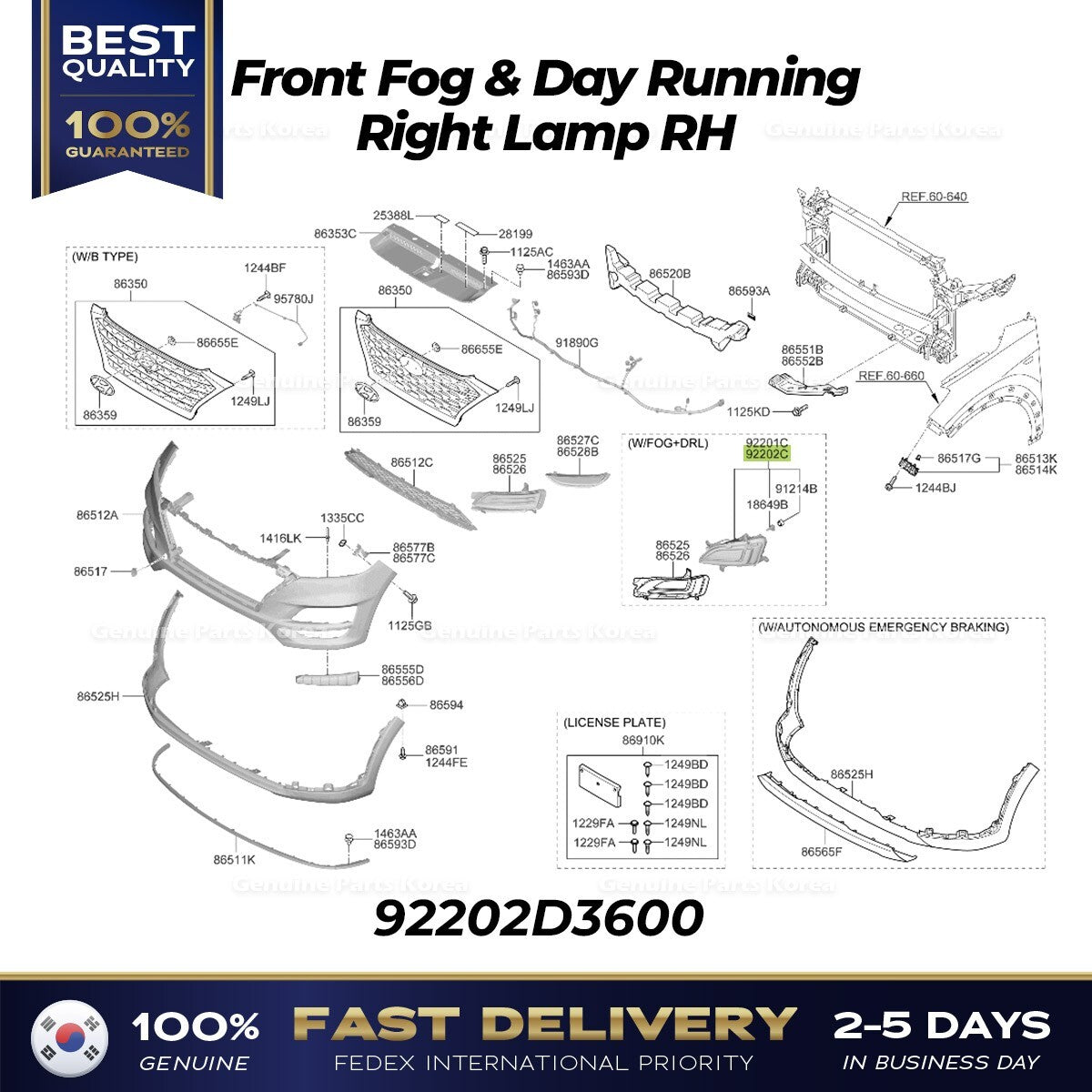 Genuine Front Fog & Day Running Right Lamp RH 92202D3600 for Hyundai Tucson