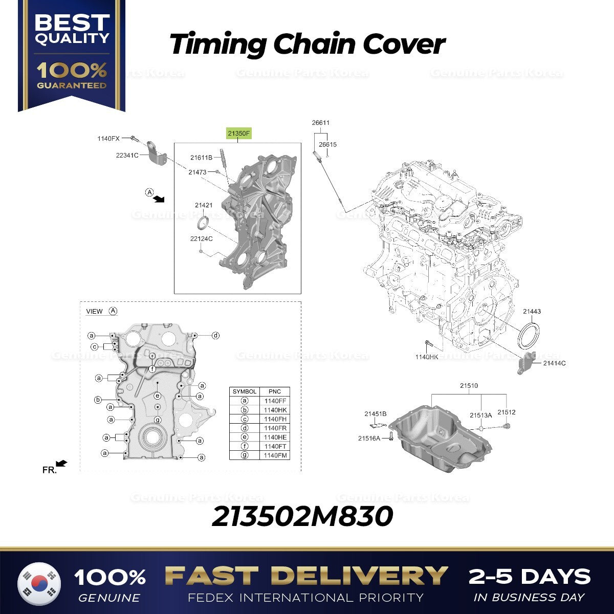 Genuine Timing Chain Cover 213502M830 for Hyundai Santa Fe Hybrid Kia Sorento