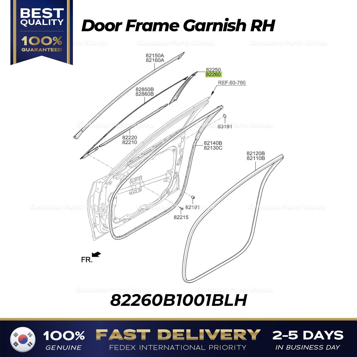 Genuine Door Frame Garnish RH 82260B1001BLH for Hyundai Genesis