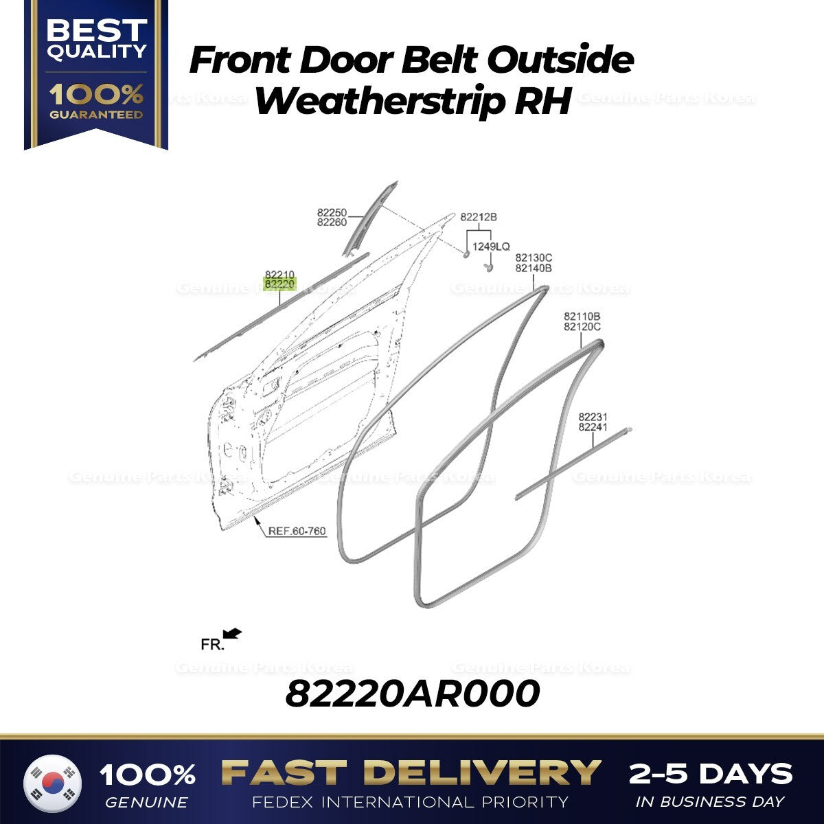 Genuine Front Door Belt Outside Weatherstrip RH 82220AR000 for Genesis GV70