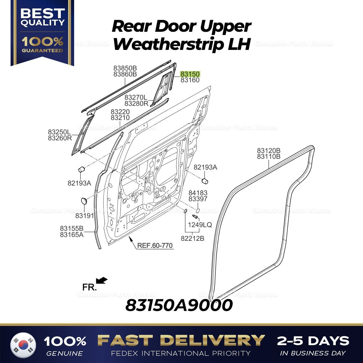 Genuine Rear Door Upper Weatherstrip LH 83150A9000 for Kia Sedona