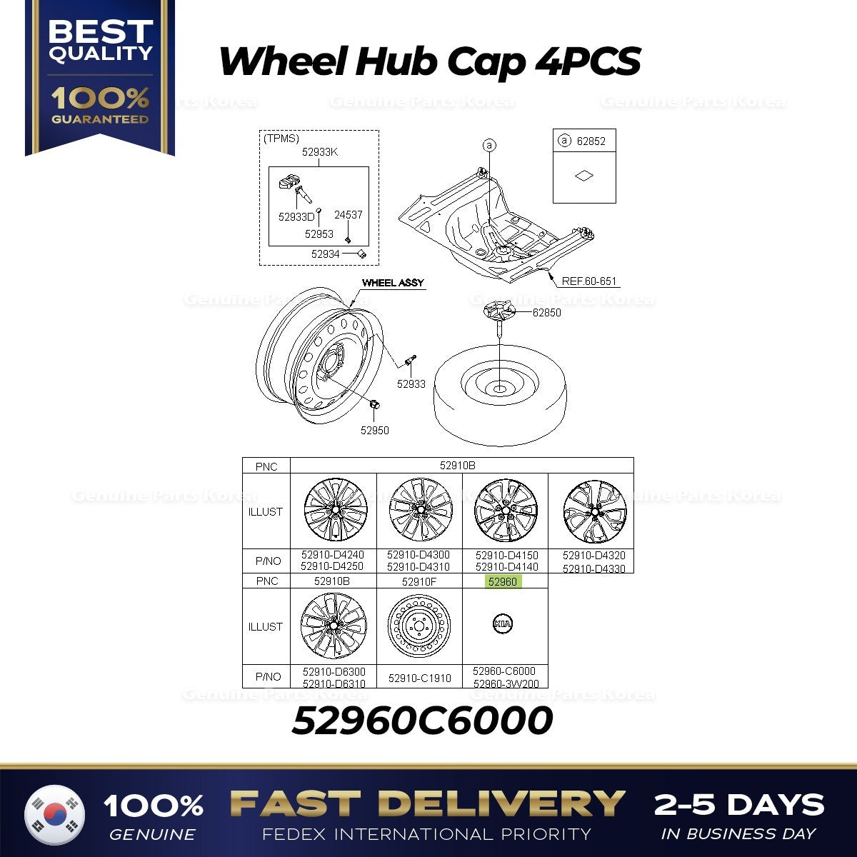 Genuine Wheel Hub Cap 4PCS 52960C6000 for Kia Optima Sedona Sorento