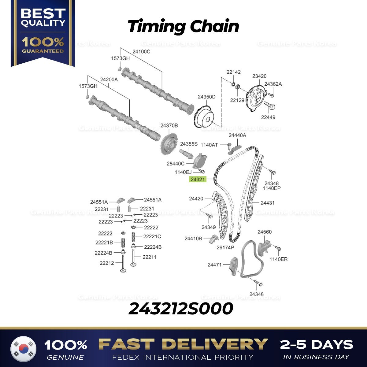 Genuine Timing Chain 243212S000 for Hyundai Genesis G80 GV70 Kia K5 Sorento