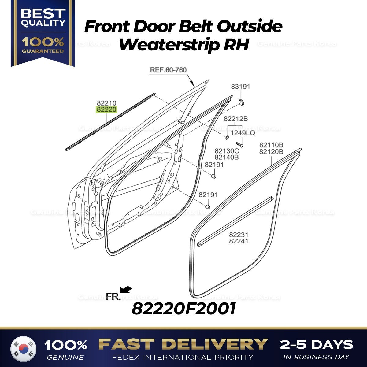 Genuine Front Door Belt Outside Weaterstrip RH 82220F2001 for Hyundai Elantra