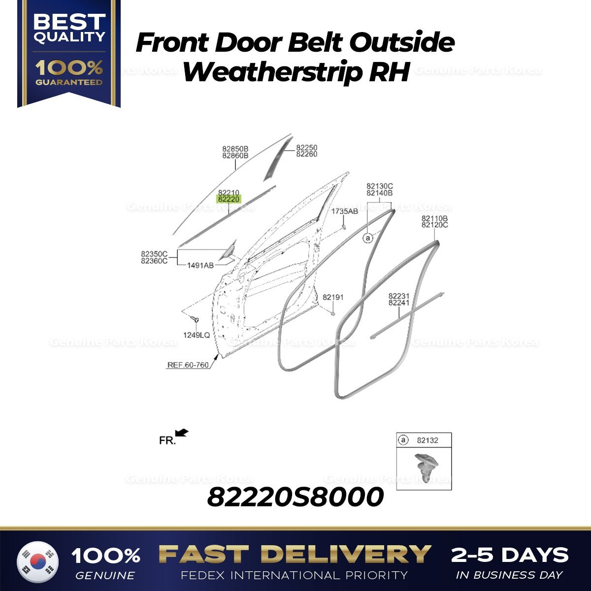 Genuine Front Door Belt Outside Weatherstrip RH 82220S8000 for Palisade