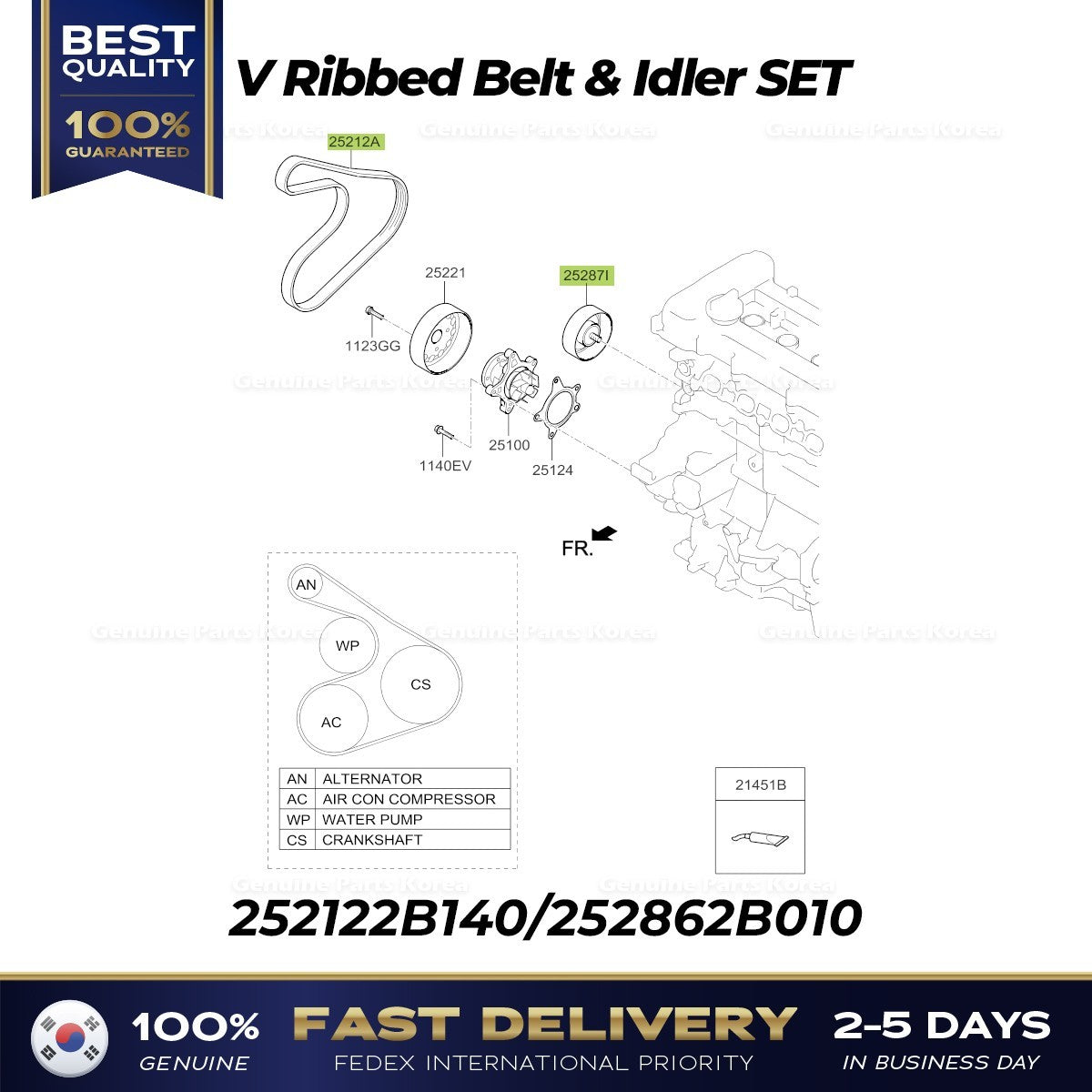 Genuine V Ribbed Belt & Idler SET 252122B140 252862B010 for Hyundai Accent