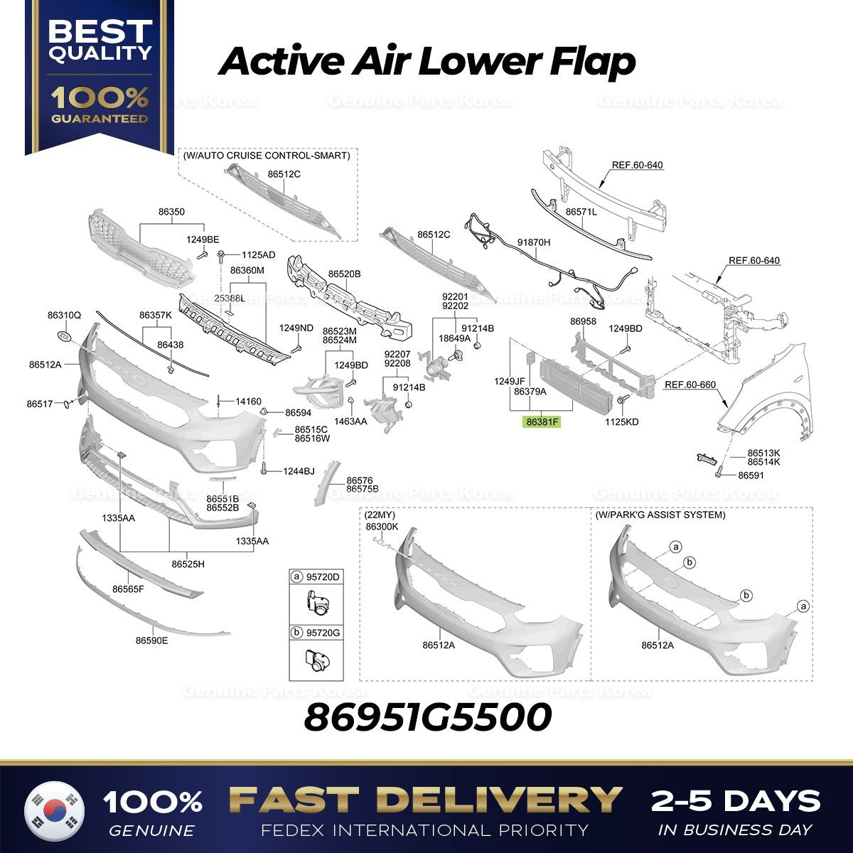 Genuine Active Air Lower Flap 86951G5500 for Kia Niro Hybrid
