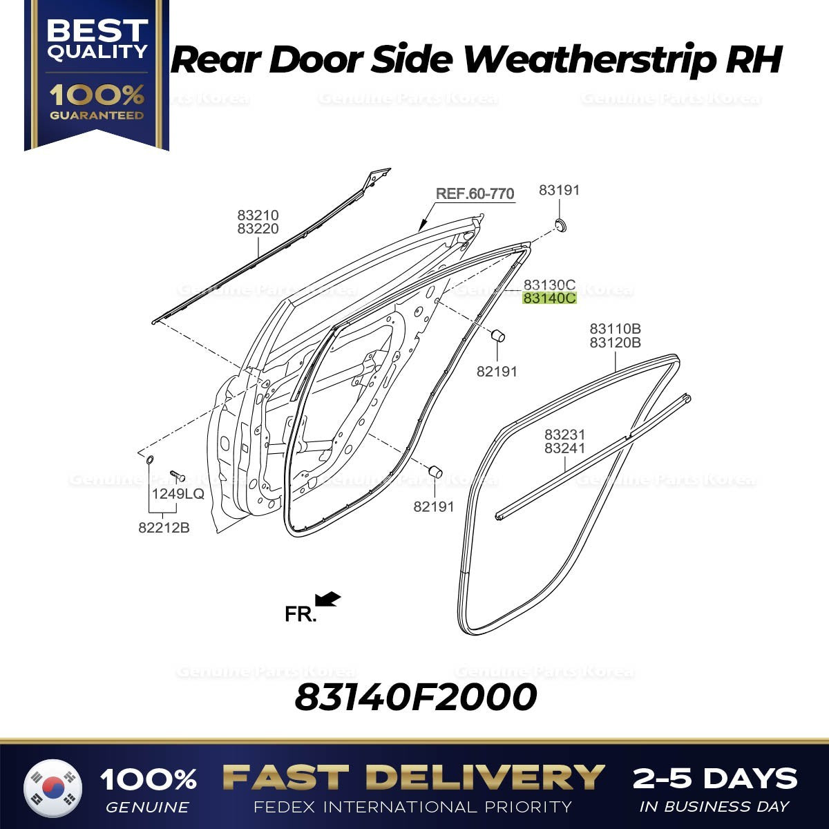 Genuine Rear Door Side Weatherstrip RH 83140F2000 for Hyundai Elantra