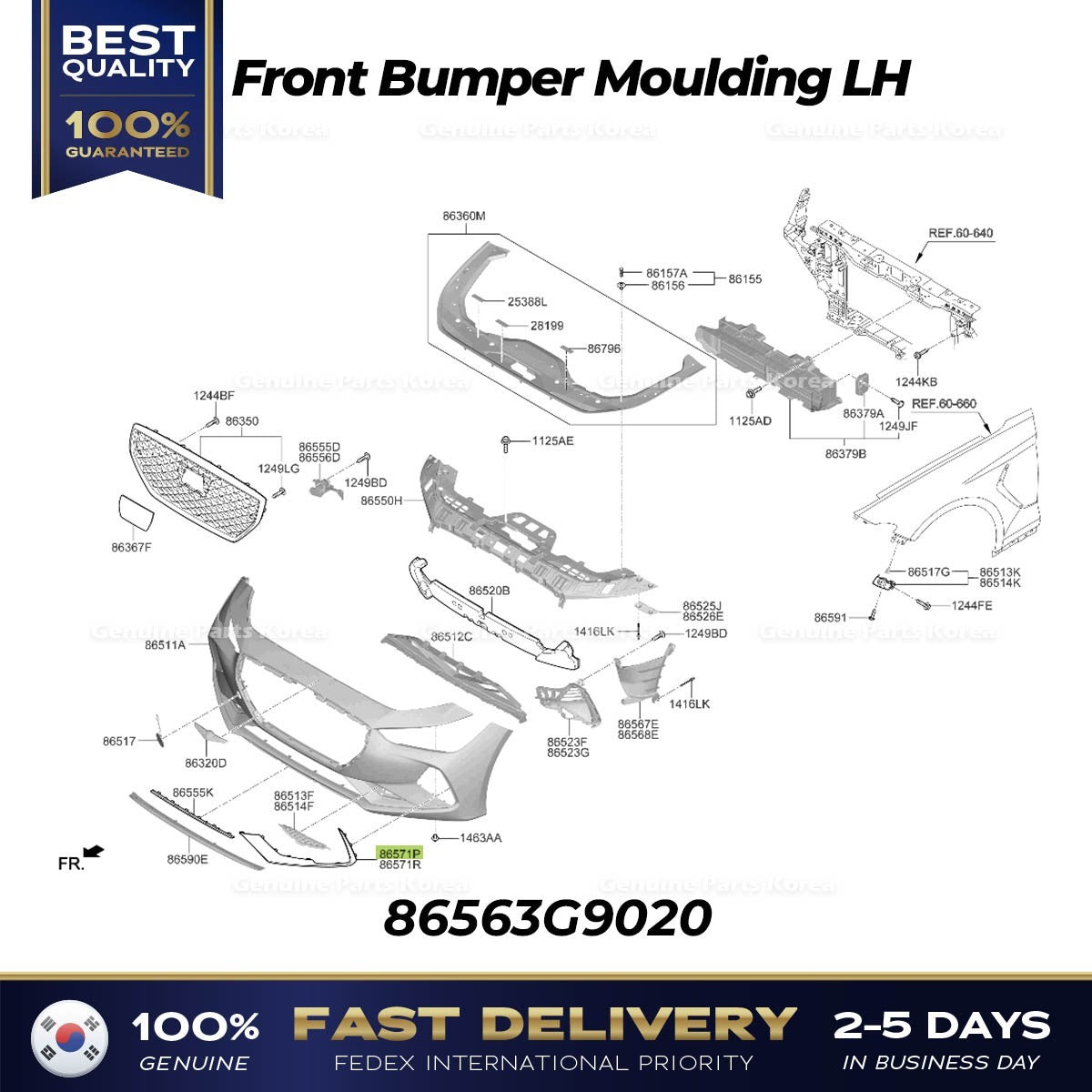 Genuine Front Bumper Moulding LH 86563G9020 for Hyundai Genesis G70