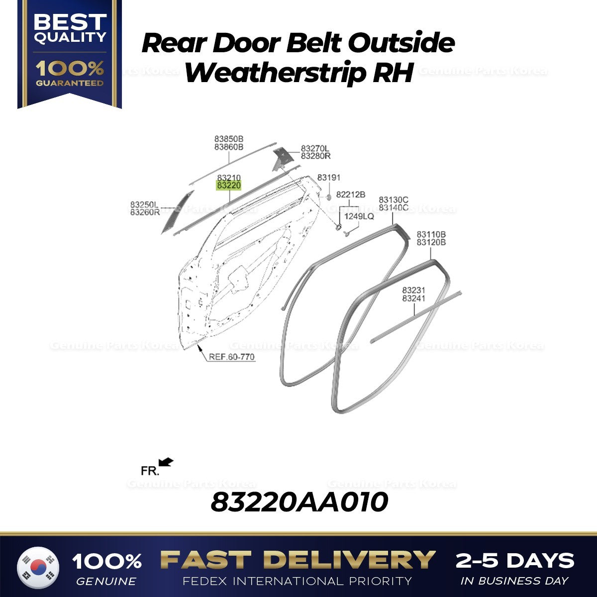 Genuine Rear Door Belt Outside Weatherstrip RH 83220AA010 for Hyundai Elantra