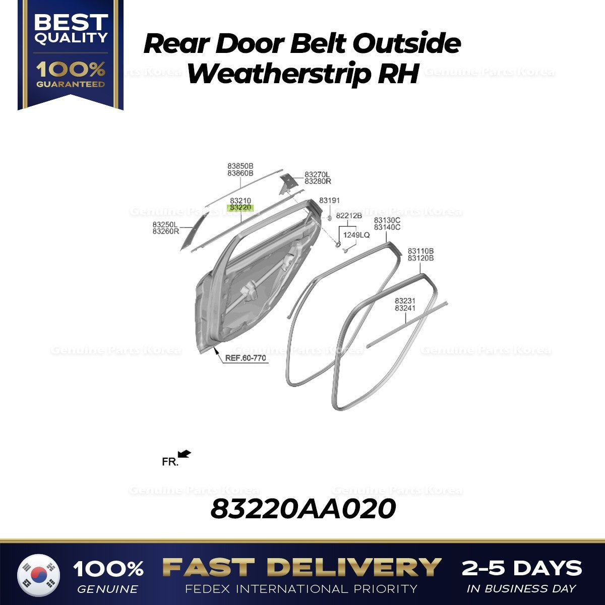 Genuine Rear Door Belt Outside Weatherstrip RH 83220AA020 for Hyundai Elantra N