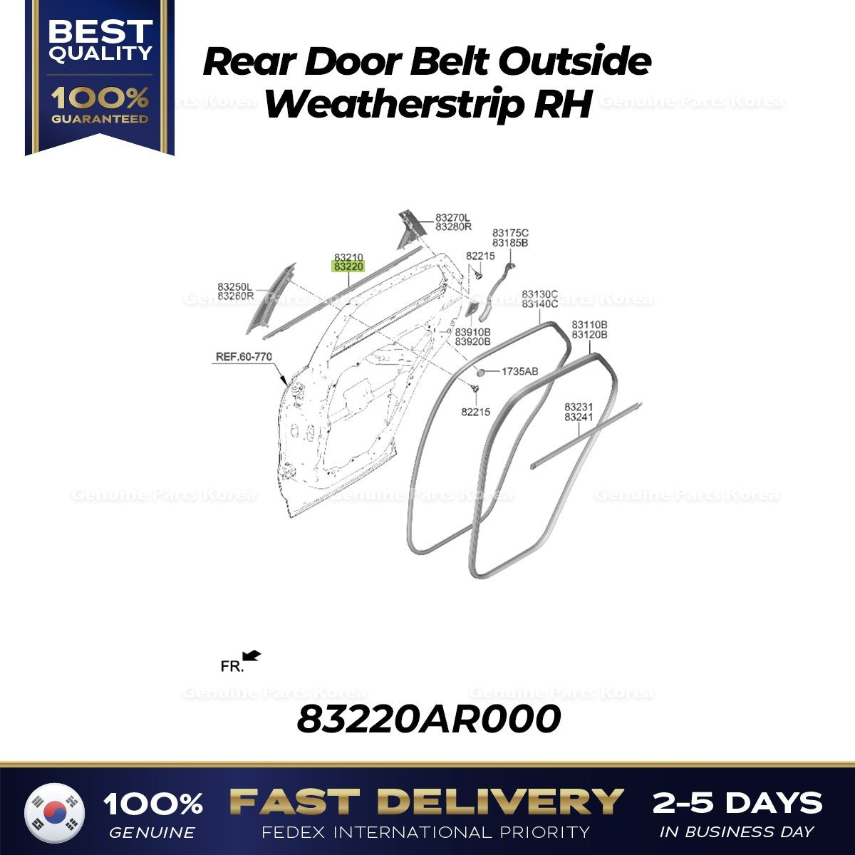 Genuine Rear Door Belt Outside Weatherstrip RH 83220AR000 for Genesis GV70