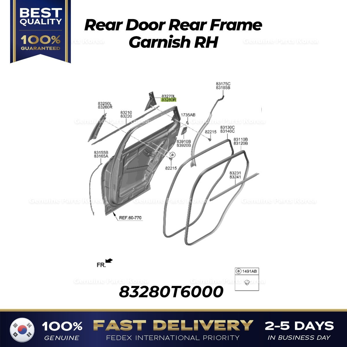 Genuine Rear Door Rear Frame Garnish RH 83280T6000 for Hyundai Genesis GV80