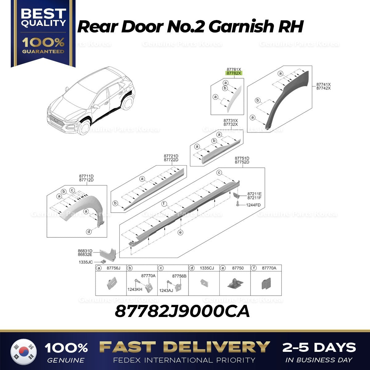 Genuine Rear Door No.2 Garnish RH 87782J9000CA for Hyundai Kona