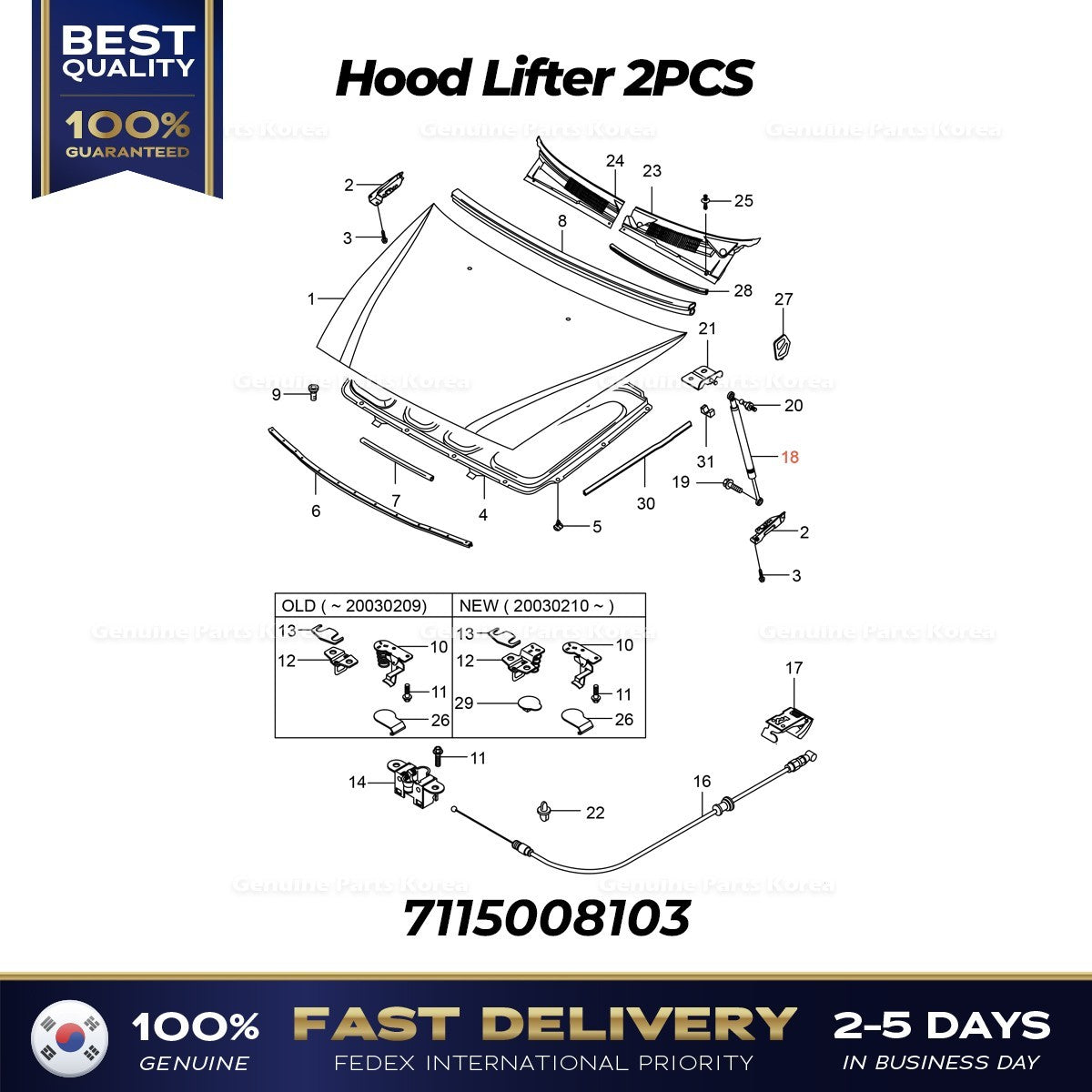 Genuine Hood Lifter 2PCS 7115008103 for Ssangyong Rexton