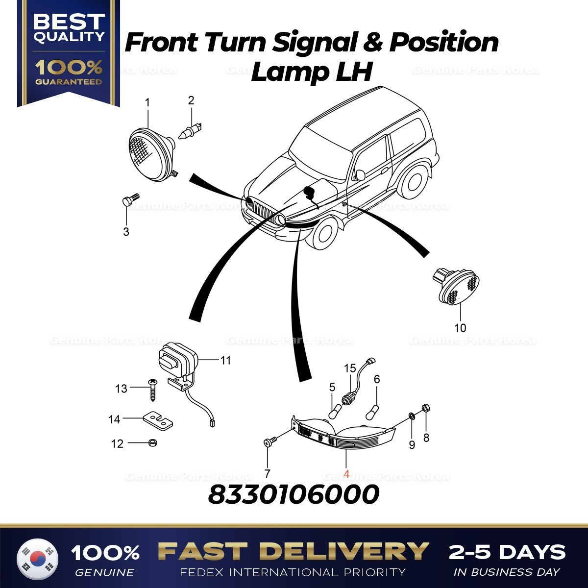 Genuine Front Turn Signal & Position Lamp LH 8330106000 for Ssangyong Korando
