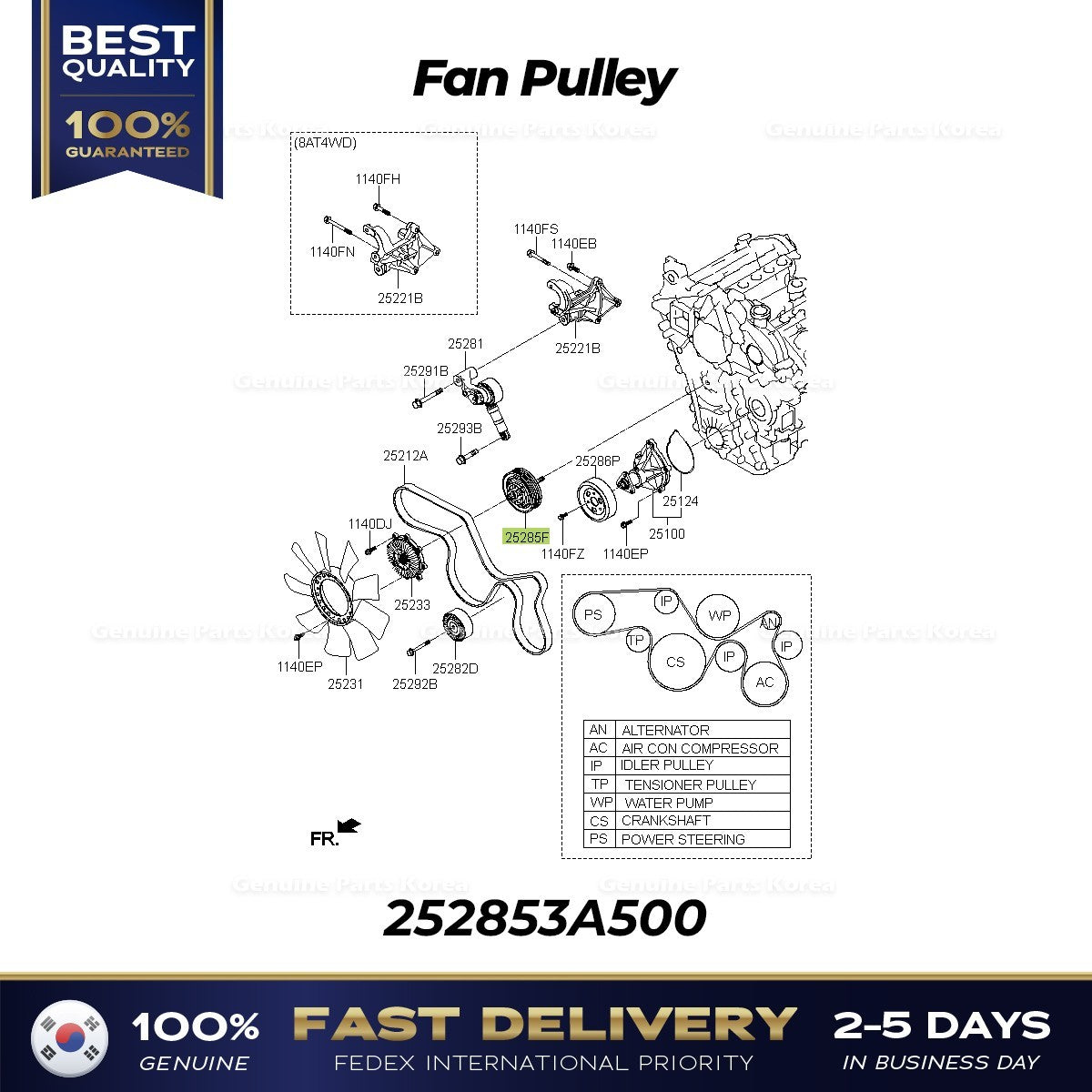 Genuine Fan Pulley 252853A500 for Kia Mohave