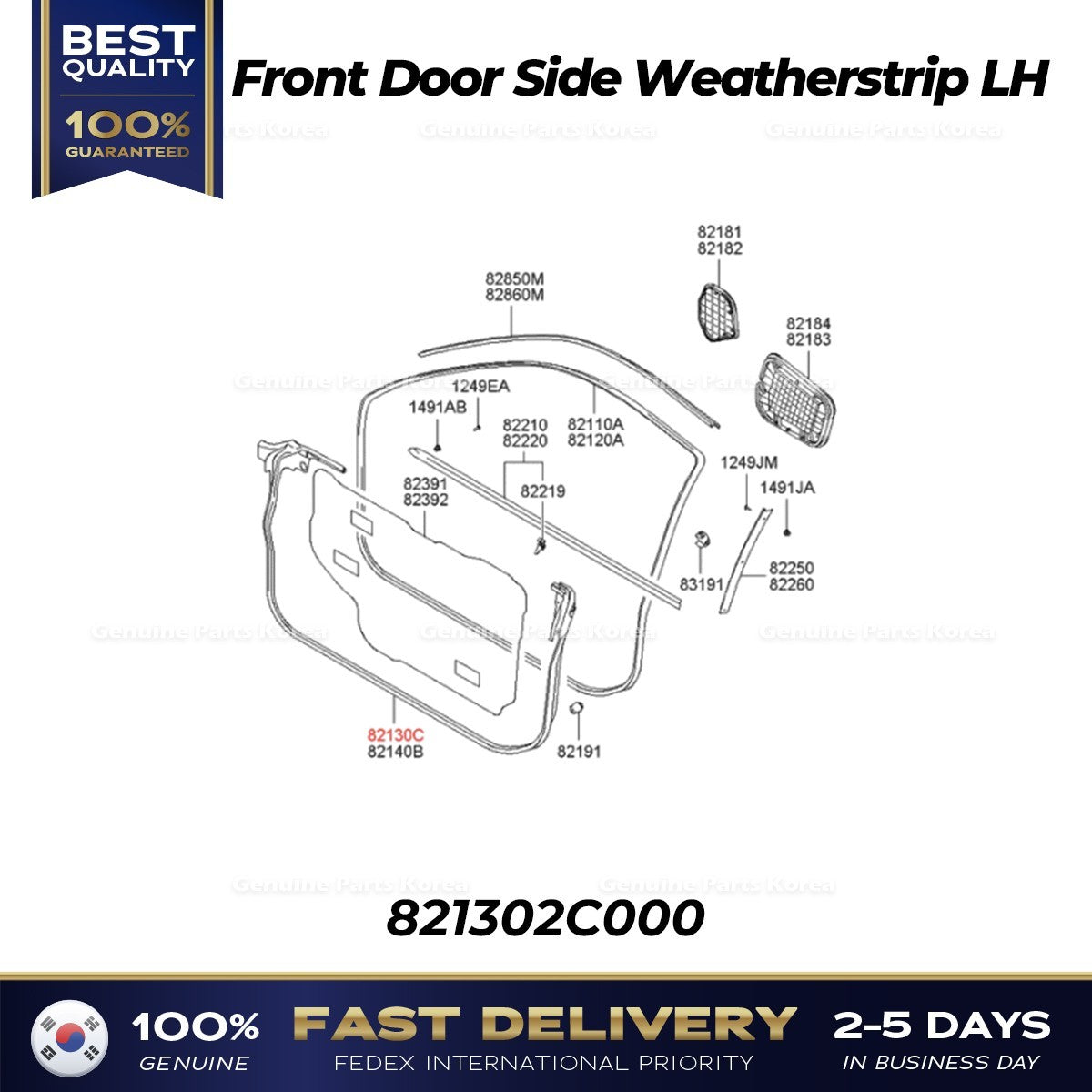 Genuine Front Door Side Weatherstrip LH 821302C000 for Hyundai Tiburon