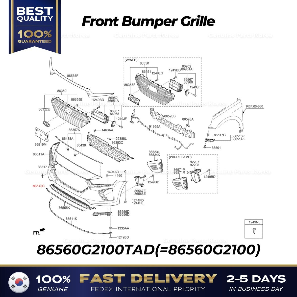 Genuine Front Bumper Grille 86560G2100TAD for Hyundai Ioniq