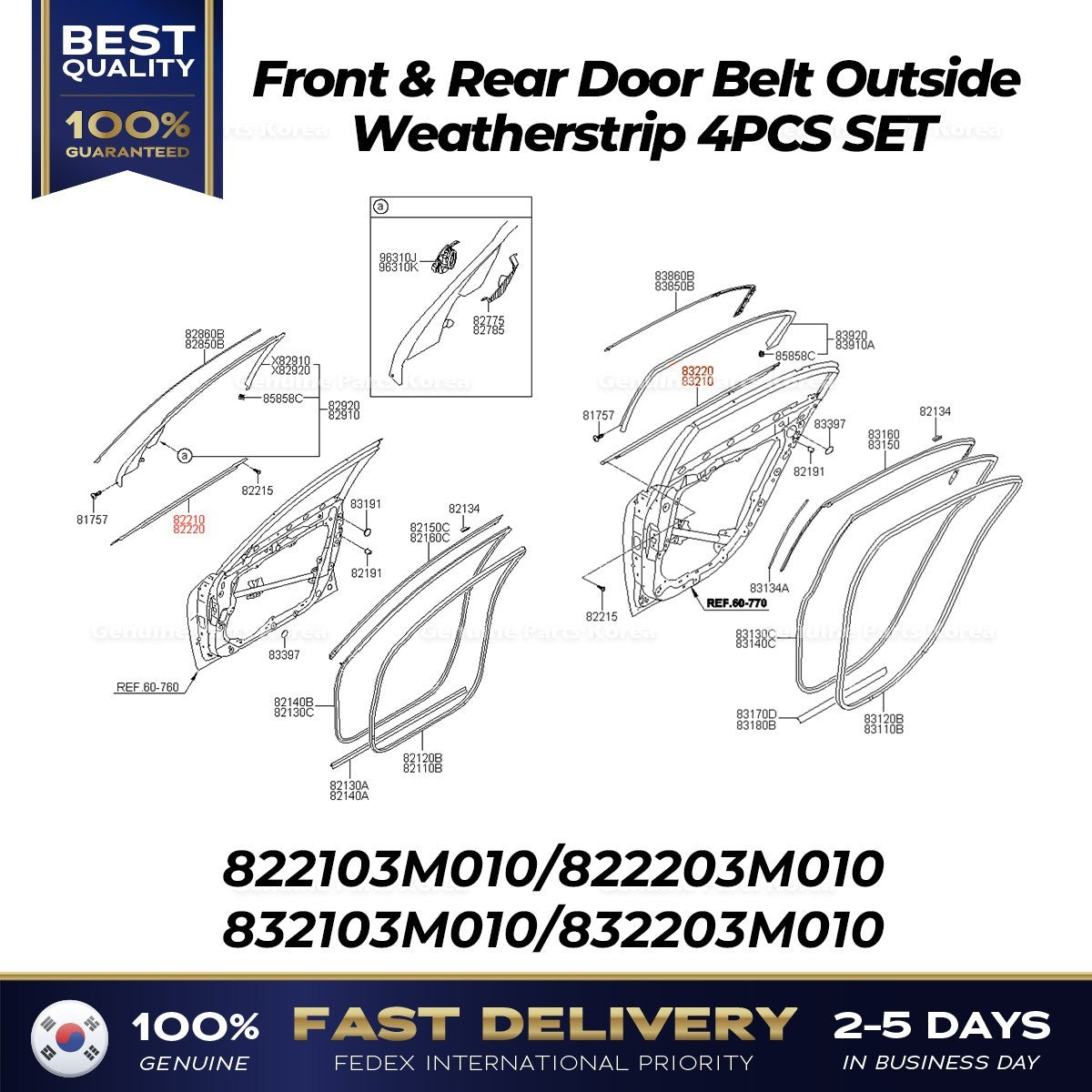 Genuine Front & Rear Door Belt Outside Weatherstrip 4PCS SET for Genesis