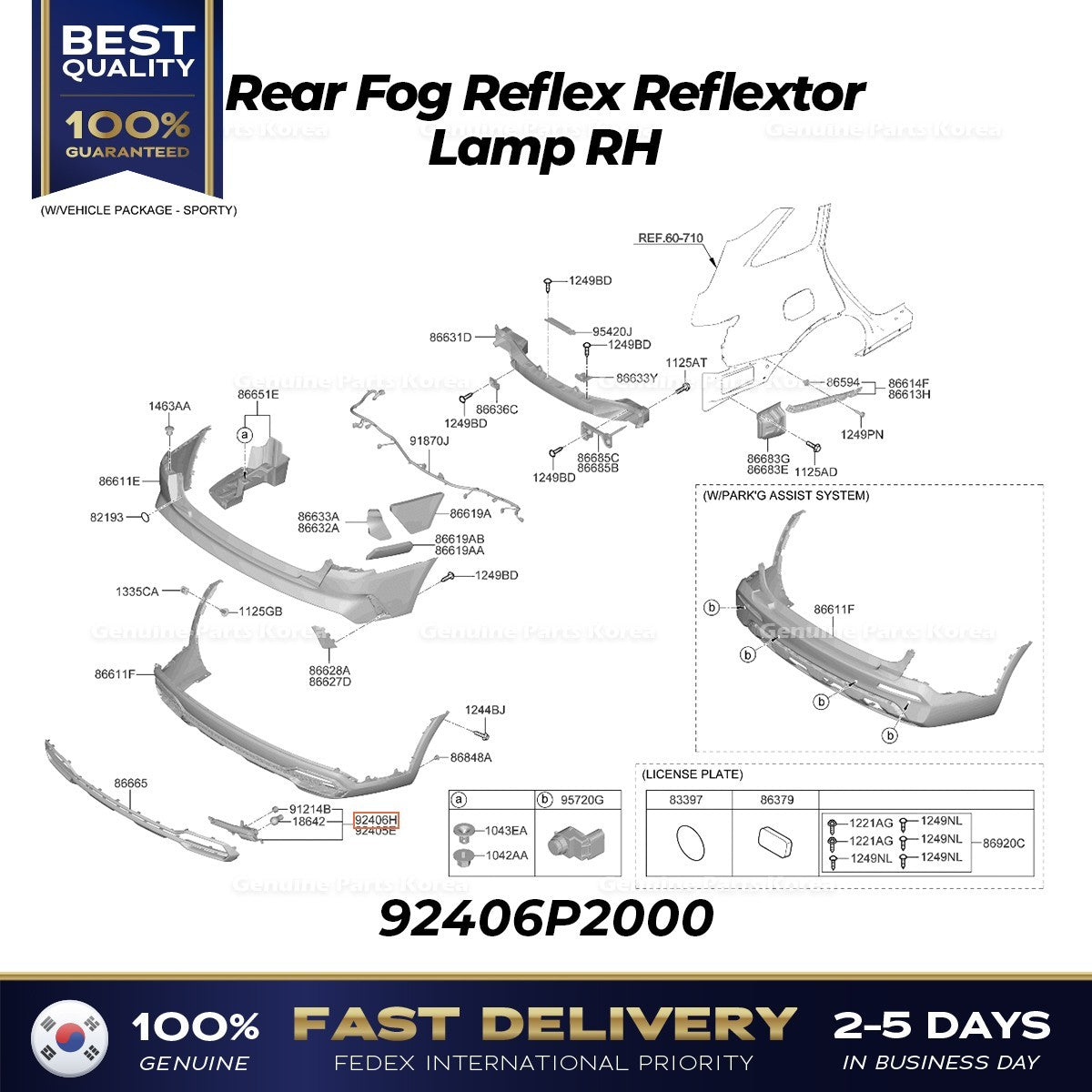 Genuine Rear Fog Reflex Reflextor Lamp RH 92406P2000 for Kia Sorento
