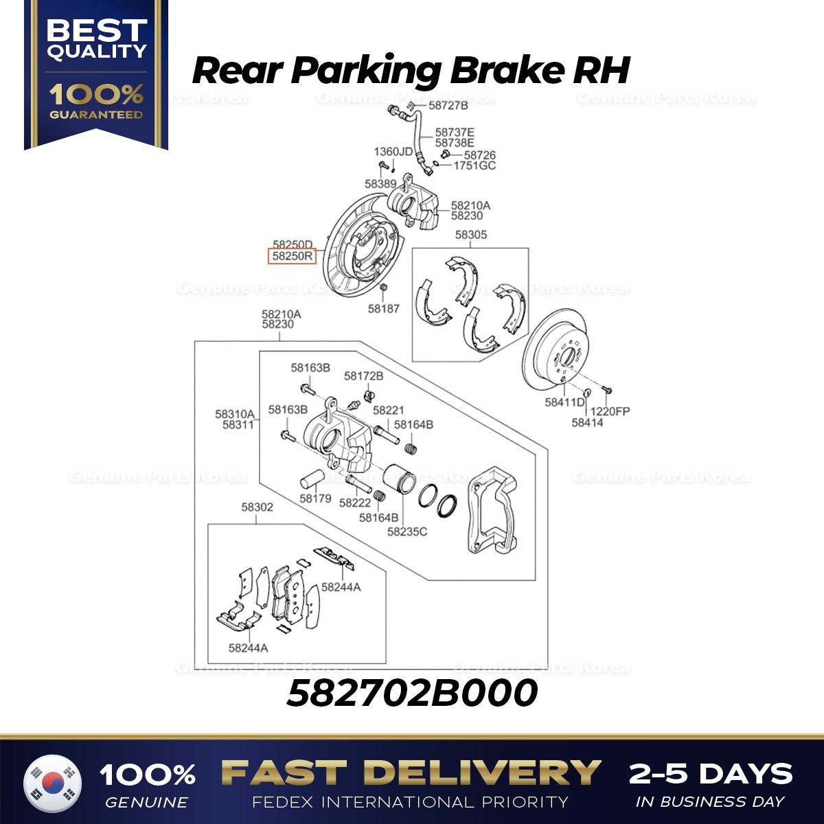 Genuine Rear Parking Brake RH 582702B000 for Hyundai Santa Fe