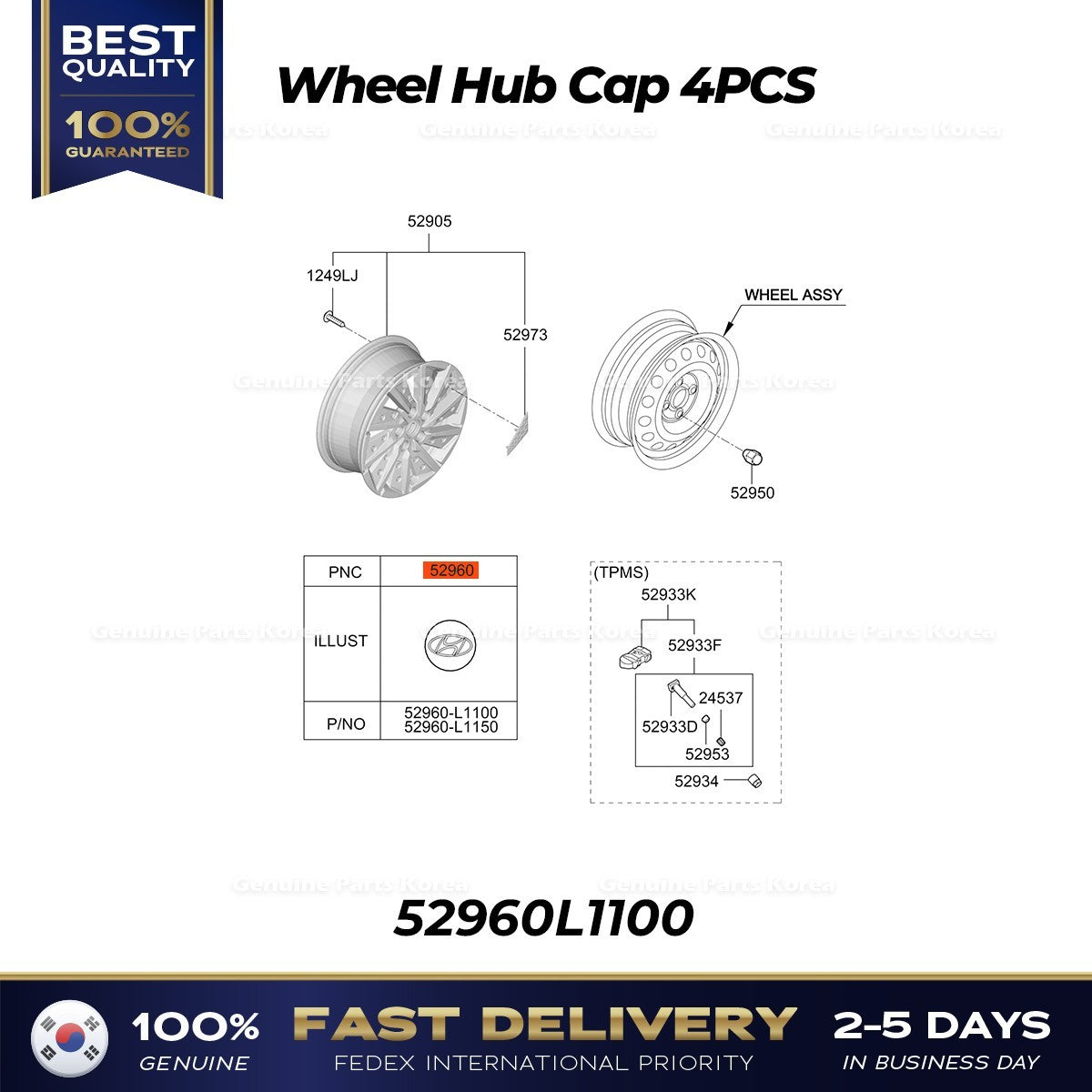 Genuine Wheel Hub Cap 4PCS 52960L1100 for Hyundai Azera