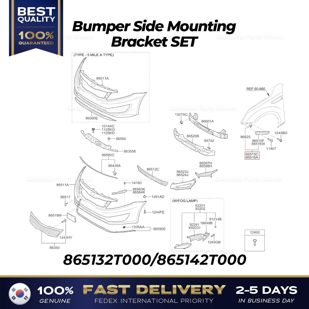 Genuine Bumper Side Mounting Bracket SET 865132T000 865142T000 for Kia Optima