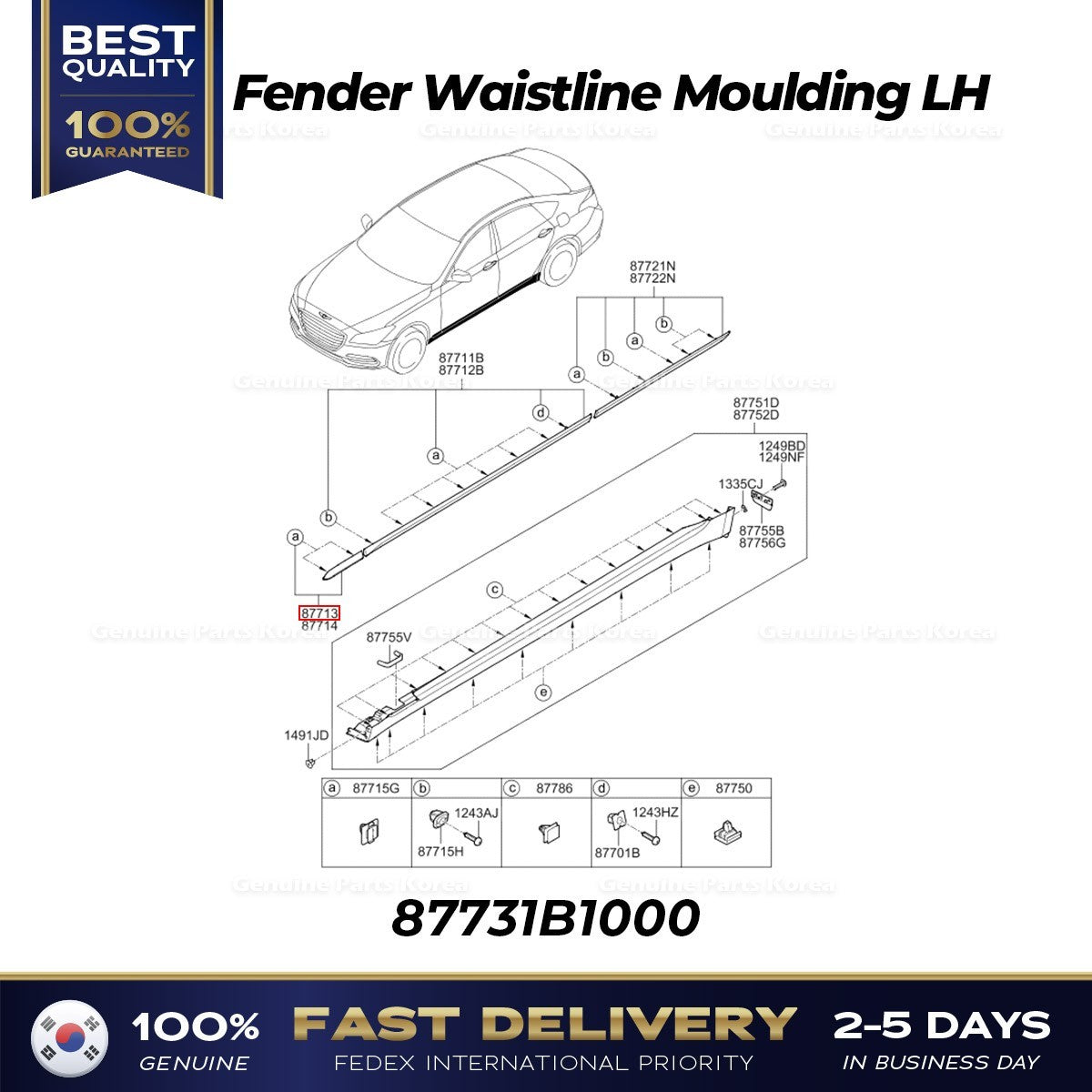 Genuine Fender Waistline Moulding LH 87731B1000 for Hyundai Genesis G80