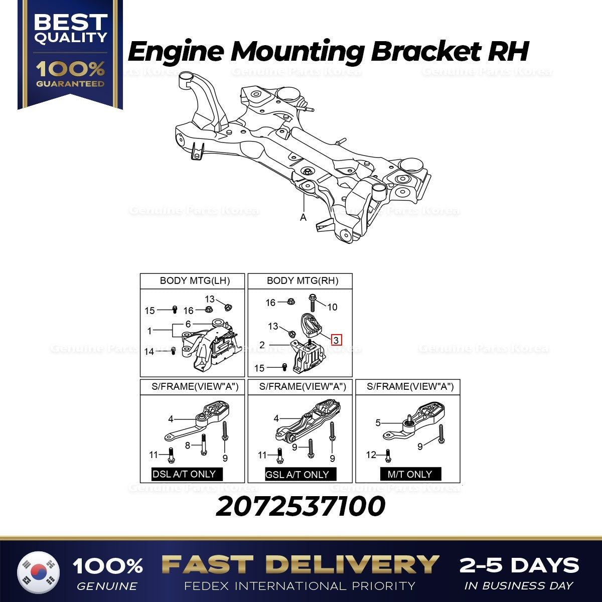 Genuine Engine Mounting Bracket RH 2072537100 for Ssangyong Beautiful Korando