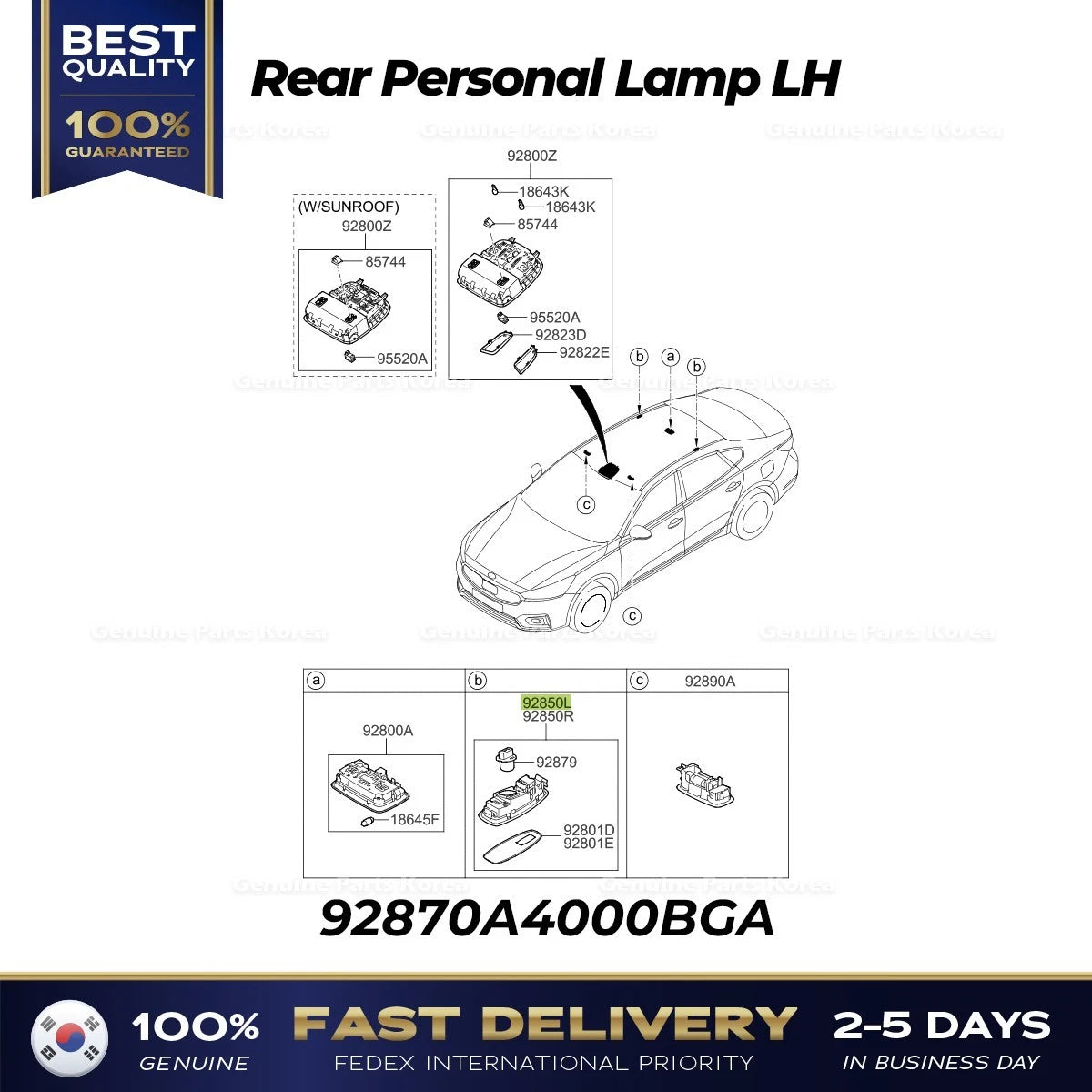 ⭐Genuine⭐ Rear Personal Lamp LH 92870A4000BGA for Kia Cadenza