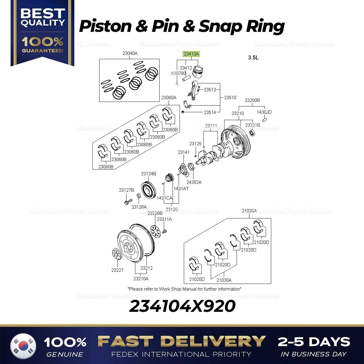 ⭐Genuine⭐ Piston & Pin & Snap Ring 234104X920 for Hyundai Terracan Kia Sedona