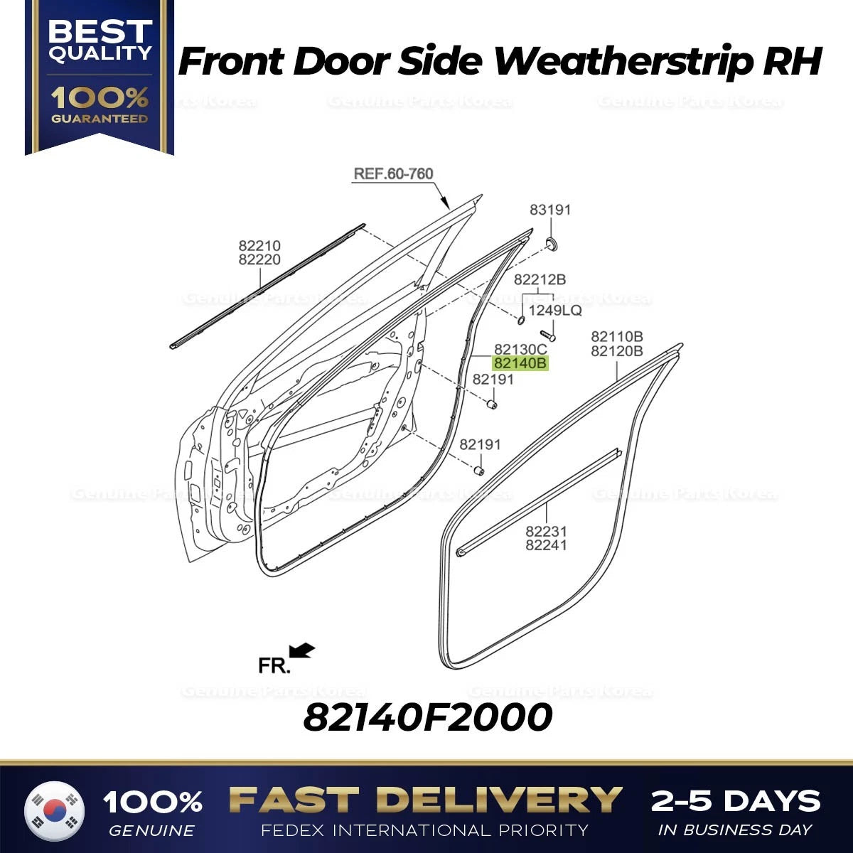⭐Genuine⭐ Front Door Side Weatherstrip RH 82140F2000 for Hyundai Elantra