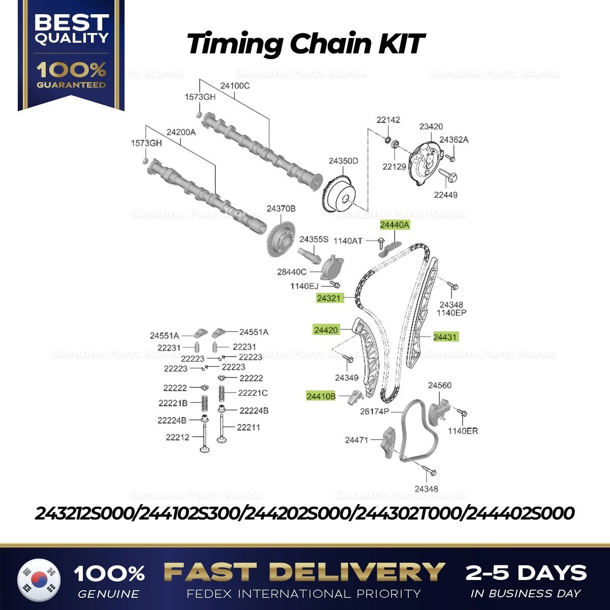 ⭐Genuine⭐ Timing Chain KIT 243212S000 for Hyundai Genesis G80 GV70 Kia Stinger