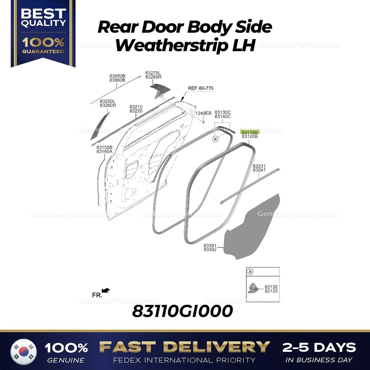 ⭐Genuine⭐ Rear Door Body Side Weatherstrip LH 83110GI000 for Hyundai Ioniq 5