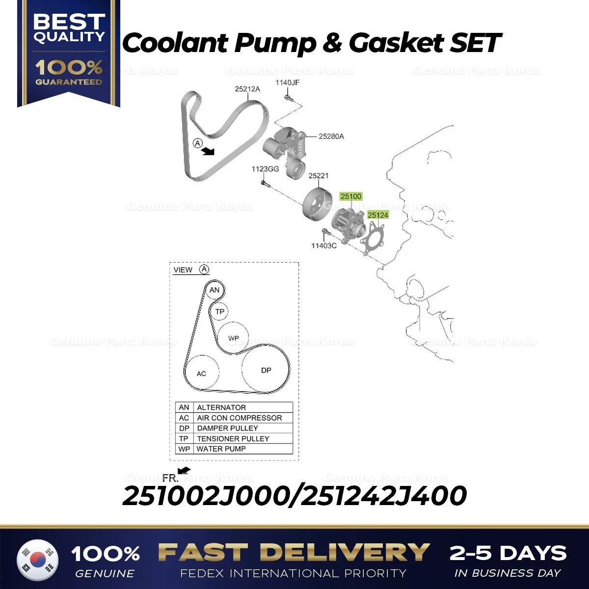 ⭐Genuine⭐ Coolant Pump & Gasket SET 251002J000 for Hyundai Elantra Kona