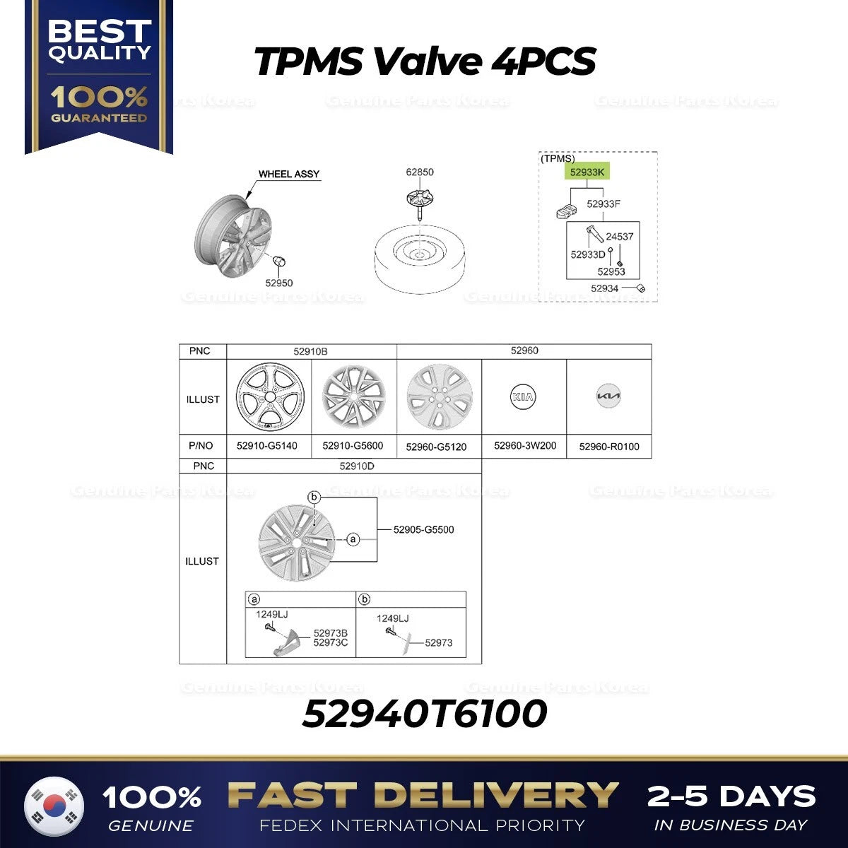 ⭐Genuine⭐ TPMS Valve 4PCS 52940T6100 for Hyundai Venue Kia Niro