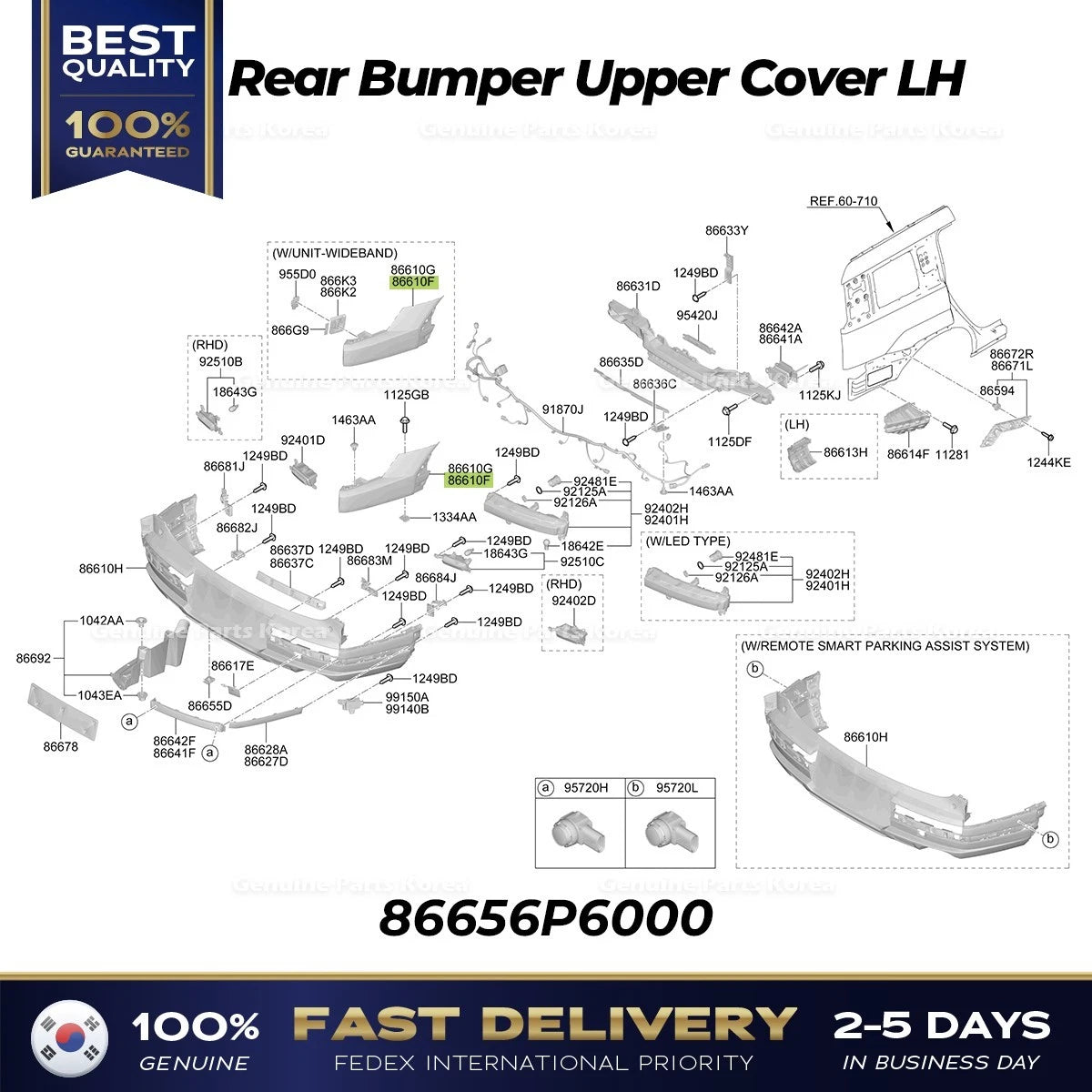 ⭐Genuine⭐ Rear Bumper Upper Cover LH 86656P6000 for Hyundai Santa Fe Hybrid