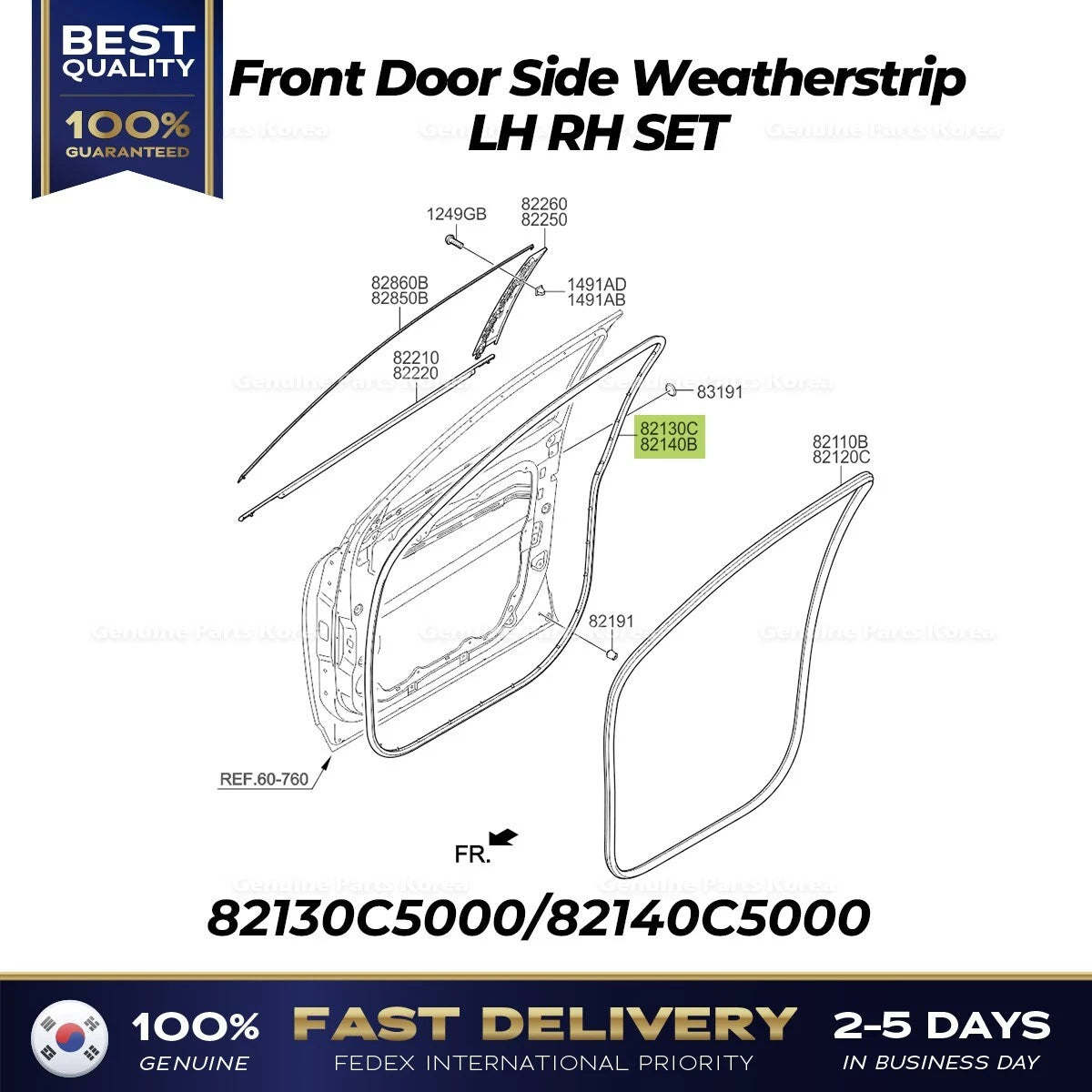 ⭐Genuine⭐ Front Door Side Weatherstrip SET 82130C5000 82140C5000 for Kia Sorento