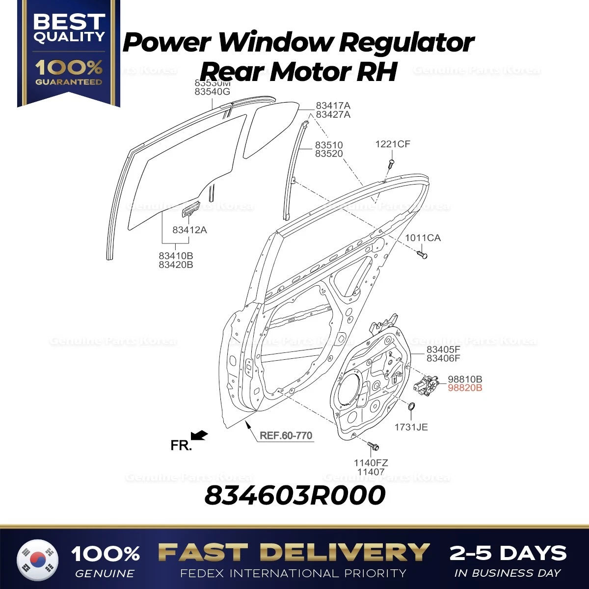 ⭐Genuine⭐ Power Window Regulator Rear Motor RH 834603R000 for Kia Cadenza