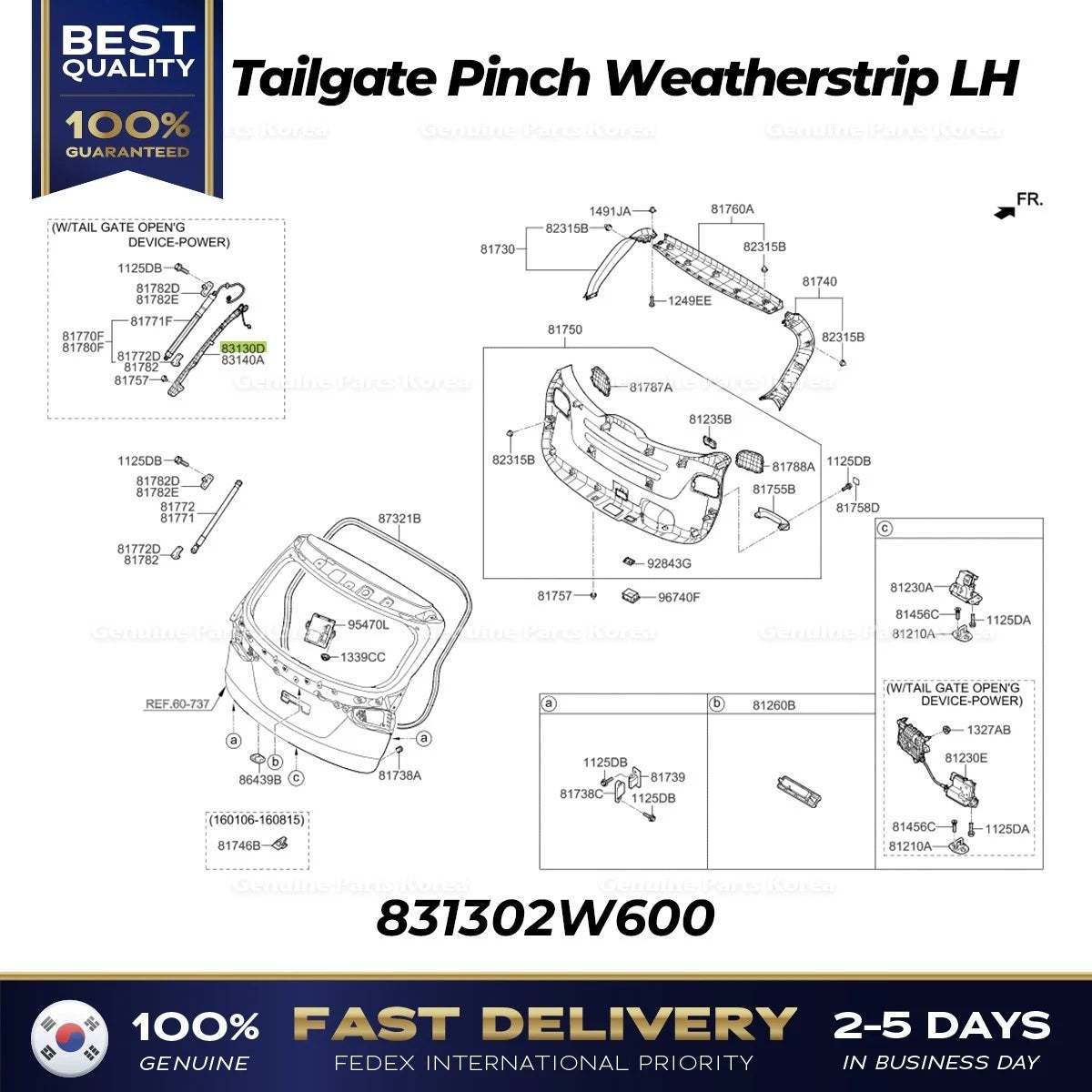 ⭐Genuine⭐ Tailgate Pinch Weatherstrip LH 831302W600 for Hyundai Santa Fe Sport